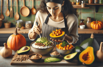 Jak ovlivňuje hubnutí kvalita spánku Žena v kuchyni co připravuje Vegan Bowl: mix rýže, pečené dýně a avokáda s tahini dresingem