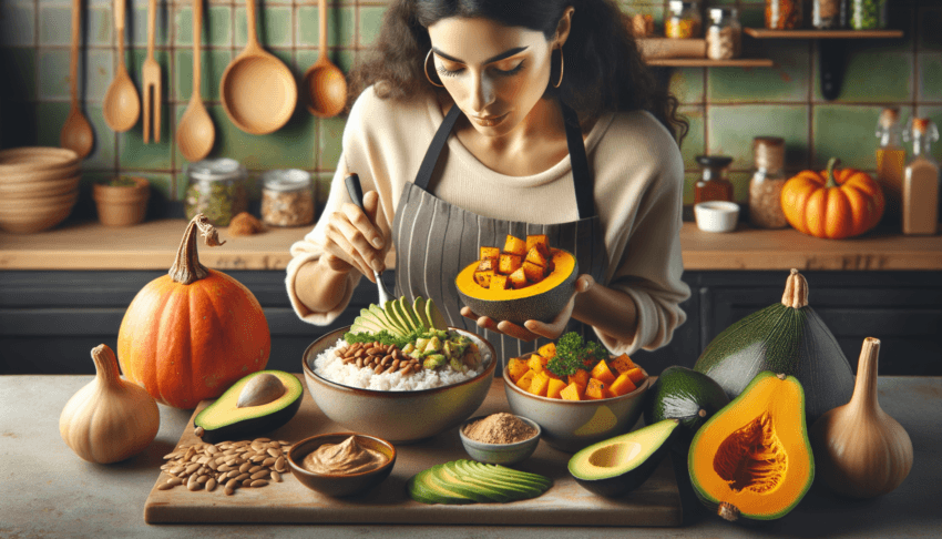 Žena v kuchyni co připravuje Vegan Bowl: mix rýže, pečené dýně a avokáda s tahini dresingem