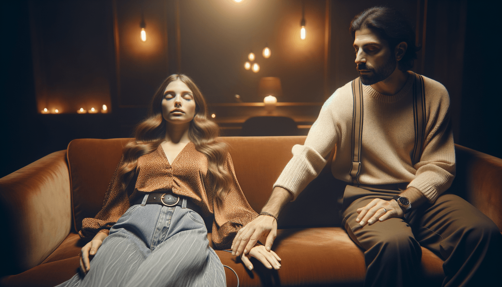 Hypnóza Hubnutí ležící žena na pohovce je hypnotizována léčitelem