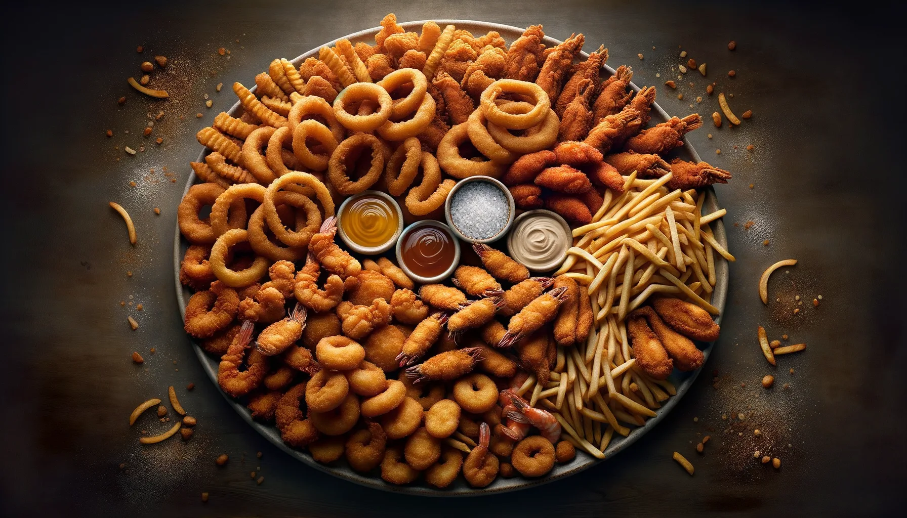 velká hromada smaženého jídla na jednom talíři