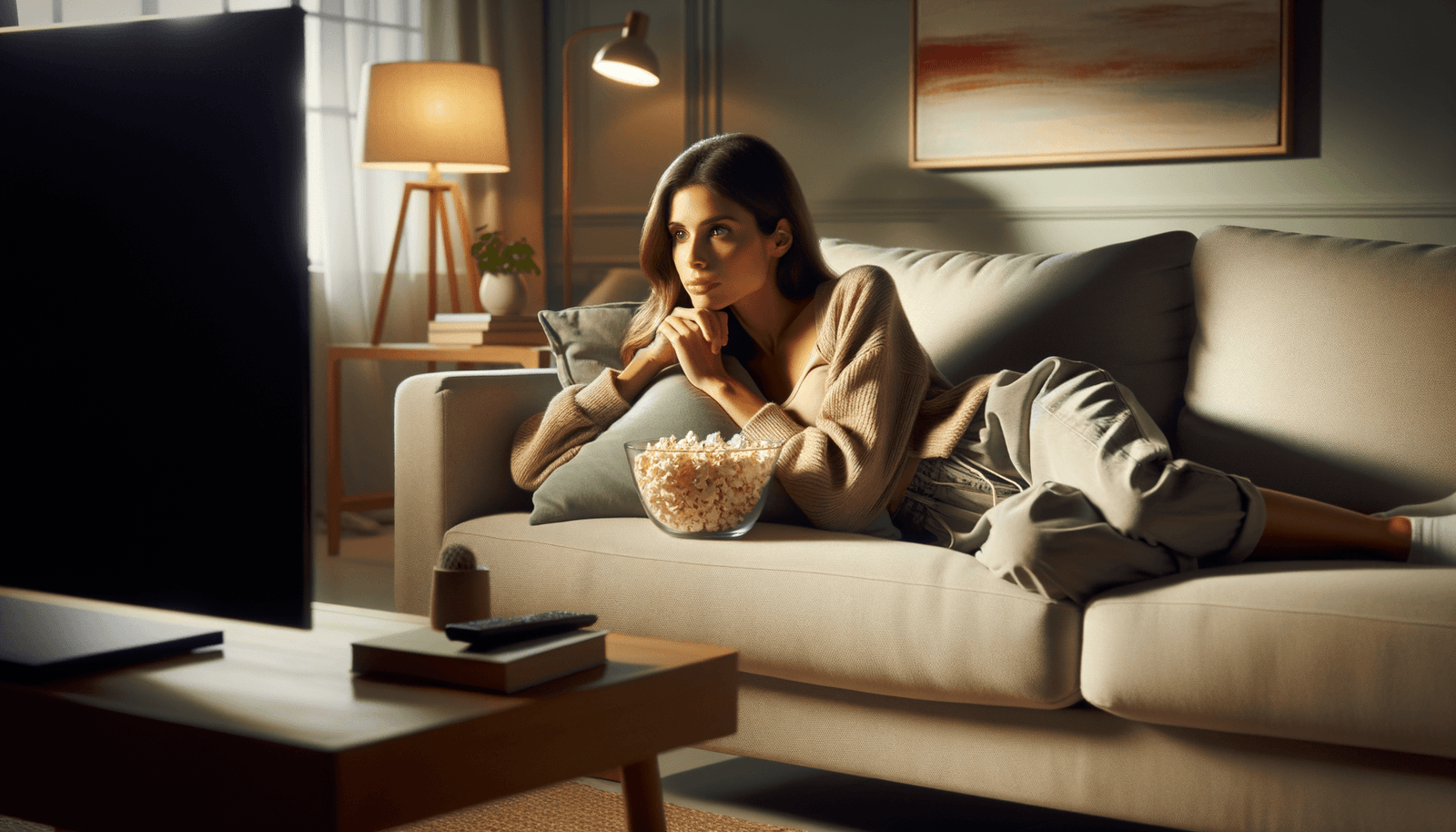 žena ležící na gauči a sledující televizi