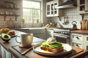DALL·E 2025-02-12 18.54.27 – A photorealistic scene of a real kitchen with a single breakfast meal and a drink on the counter. The kitchen has a modern yet cozy design with soft n